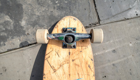 Skateboard culture detail a vibrant, battered deck contrasting with the cracked, textured gray of the street, showing heavy use.の素材