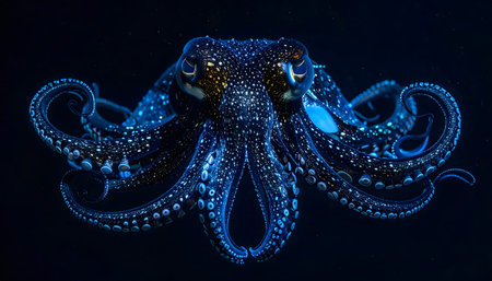 Close-up of a vampire squid in its cape-like form, mesmerizing blue light display, marine biology and oceanography subject.の素材