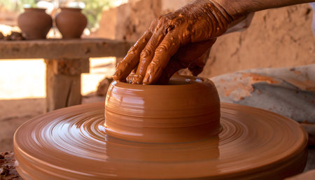Close-up on pottery creation: hands centered on wet clay, with motion blur on the wheel, showing the texture and movement of the craft.の素材