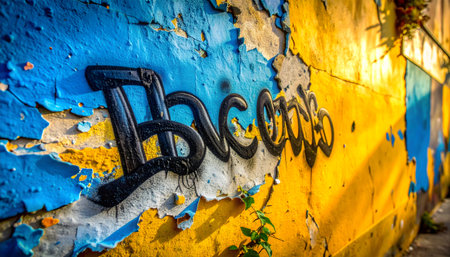 Dynamic composition of street art, focusing on the stylized lettering and the contrast between the bold tag and the decaying wall surface.の素材