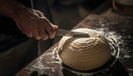 hands and knife creating cuts on dough, illuminated by dramatic side lighting and shadows.の素材