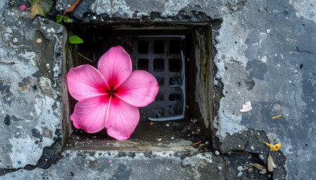 Top-down, detailed photograph of a single, vibrant pink flower perfectly centered in a square concrete drain or recess.の素材