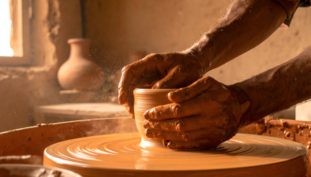 A tight, dynamic shot of an artisan's hands, covered in rich, terracotta-colored clay, shaping a pot on a spinning potter's wheel.の素材