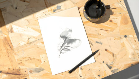 sketchbook with ink drawing, coffee cup, calligraphy pen, and brush on rustic white wooden planksの素材