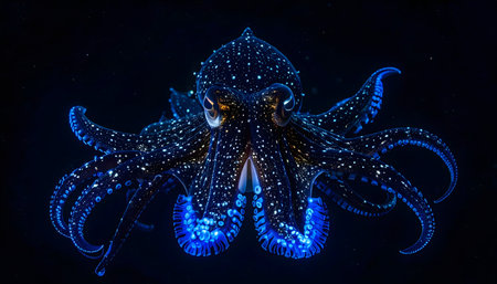 Vampyroteuthids infernal is glowing with neon blue photophores in the dark abyssal zone, frightening and beautiful deep-sea creature.の素材