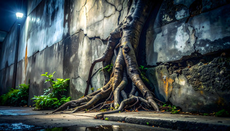 A tight, dramatic close-up of thick, gnarled tree roots emerging from a large vertical crack in a decaying concrete or stucco wall.の素材