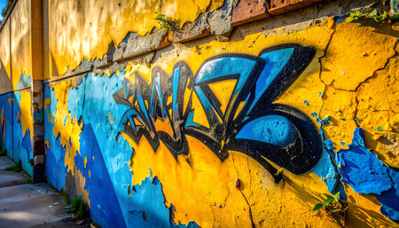 A tight, eye-level close-up of dynamic graffiti on a weathered wall, featuring blue and black lettering on vibrant yellow peeling paint.の素材