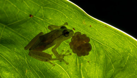 Rare male glass frog with visible internal organs, protecting its egg mass on a bright green leaf, dark backgroundの素材