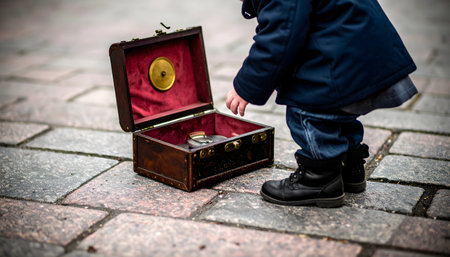 Unique, very low angle shot from a street musician's open instrument case, showing a small child in a blue jacket looking inside.の素材