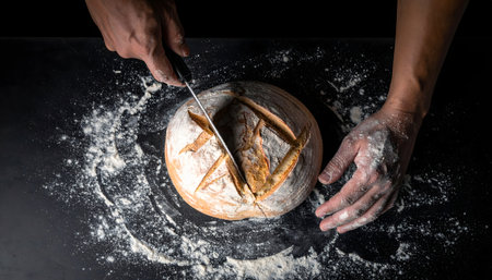 A tight, top-down, atmospheric shot of a baker's hands, heavily dusted with flour, scoring a round loaf of dough with a serrated knife.の素材