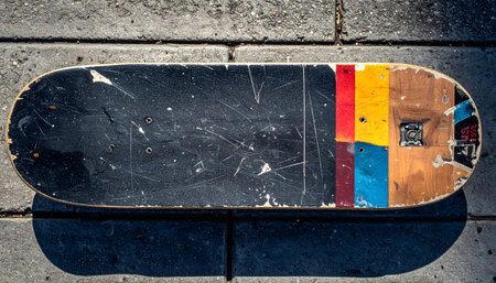 A top-down, hyper-detailed photograph of the well-used tail of a wooden skateboard resting on cracked, worn gray concrete pavement.の素材