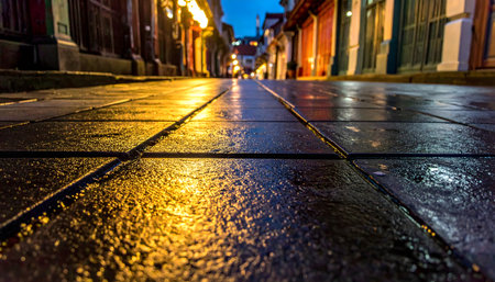 the slick, dark geometric pattern of a tiled sidewalk with a long, dramatic reflection of streetlightsの素材