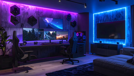 Wide shot of a sophisticated gamer's studio apartment at night, illuminated by purple and orange ambient LED lighting.の素材