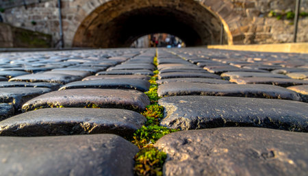 An atmospheric street view looking down a line of ancient, rounded cobbles with a brick bridge or tunnel in the distance.の素材