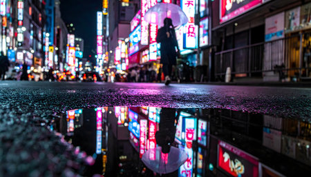 A very low-angle, artistic shot taken at night on a wet street, reflecting neon lights in a dark puddle.の素材