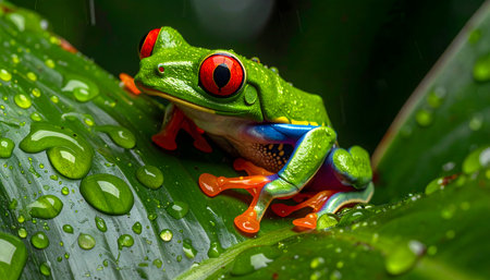 Tack-sharp macro photography of a colorful amphibian in its natural, wet jungle environment, surrounded by glistening water drops.の素材