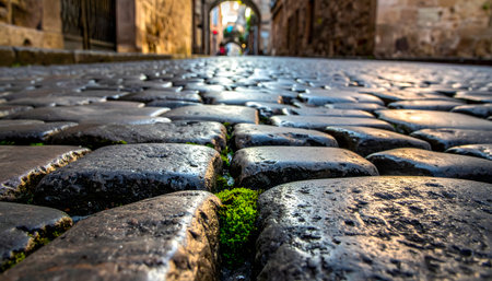low angle shot on smooth, wet stones with a bright focus on green moss and a historic arch in the backgroundの素材