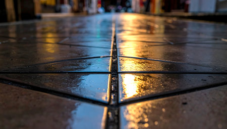 Perspective shot on a wet, clean-cut square tiled surface, with a bright orange glow reflecting along the center seam.の素材