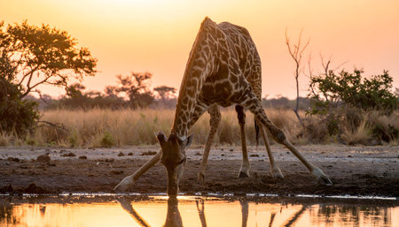 Low-angle view of a giraffe drinking water with a perfect reflection in the still water at a beautiful, glowing sunset.の素材