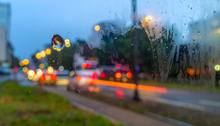 Atmospheric shot of a rainy evening city view through a tram window, with focus on water droplets and bokeh.の素材