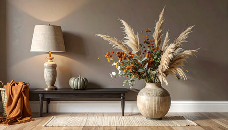 Stylish autumn decoration in a home entryway with warm lighting, neutral wall paint, and natural harvest elements.の素材