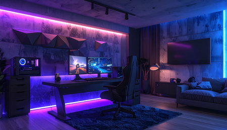 Modern high-end gaming setup a dark room with a large desk, ergonomic chair, multiple screens, and concrete-style textured walls.の素材