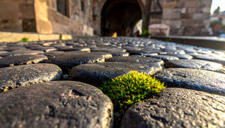 A very low-angle, extreme close-up of worn, rounded cobblestones leading toward a dark stone archway, with vibrant moss in the gaps.の素材