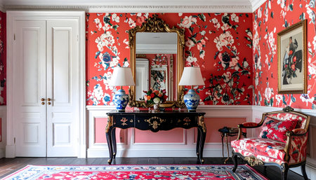 Bedroom or foyer featuring dramatic red and white floral wallpaper, white wainscoting, an antique mirror, and a dark wood bed.の素材