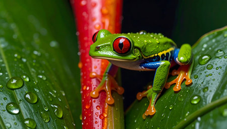 Extreme close-up of an exotic frog: bright green skin, huge red eyes, and vibrant blue-orange legs, covered in water droplets.の素材