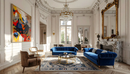 Grand, elegant living room with detailed molding, crystal chandelier, herringbone floor, and modern abstract art.の素材