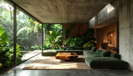 Stunning modern interior design with a green velvet sectional sofa, raw concrete walls, and massive windows overlooking a jungle.の素材