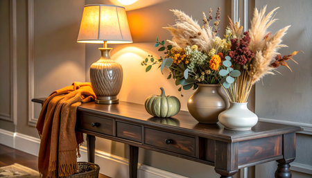 An interior scene of an entryway table with a lamp, dried floral arrangement, a pumpkin, and an orange throw blanket.の素材