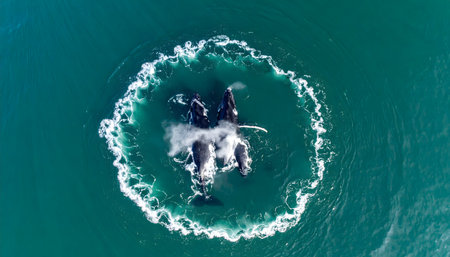 Stunning top-down view of a pod of humpback whales bubble-net feeding, creating a perfect circular pattern in the ocean.の素材