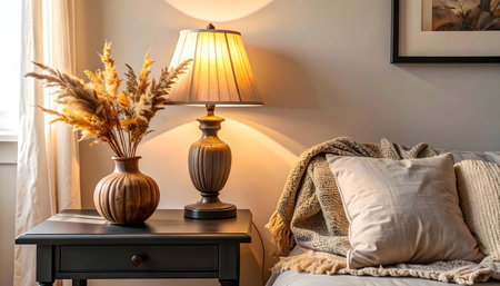 Cozy autumn home decor featuring a neutral-toned vase with pampas grass, a table lamp, and a pumpkin on a dark table.の素材