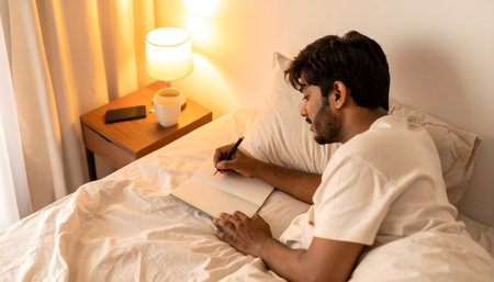 a person with a beard writing in a diary with a pen while relaxing under beige, soft bedding next to a nightstandの素材