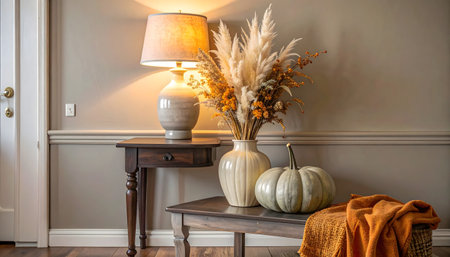 Elegant and welcoming entryway decorated for autumn with subtle, natural touches, a lit lamp, and a beige pumpkin.の素材