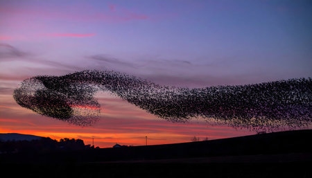 Stunning photo of a starling murmuration forming an abstract shape in the vibrant orange and blue sky at sunset.の素材