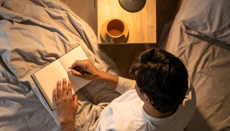 A warm and intimate high angle shot of a person unwinding in bed, journaling or writing in a notebook by soft lamplight.の素材