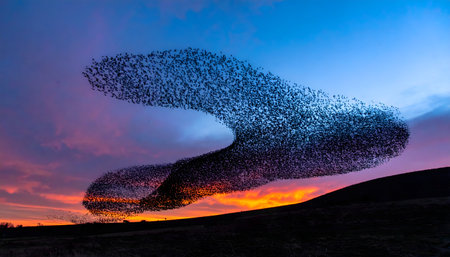 Wide, dramatic shot of a massive flock of starlings, a murmuration, performing against a fiery sunset sky over a dark hill.の素材