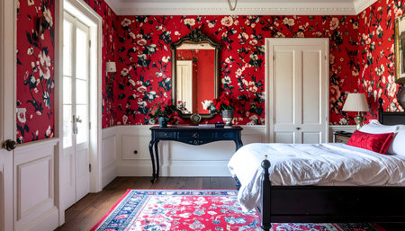 Elegant and welcoming room decorated in the Grand Millennial style with bold red floral wallpaper and antique furniture.の素材