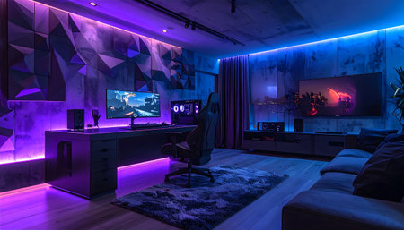 A stylized home office/living space with a curved ultrawide monitor, contemporary decor, and dynamic ambient neon illumination.の素材
