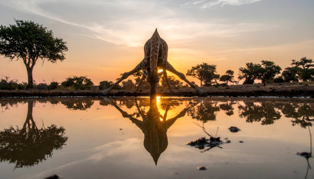 Wide, dramatic shot of a lone bull giraffe drinking at a watering hole on the savanna, silhouetted against sunset.の素材
