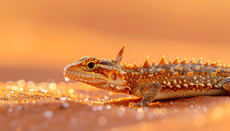 Extreme macro shot of a Thorny Devil lizard on the red desert sand, bathed in golden evening light.の素材