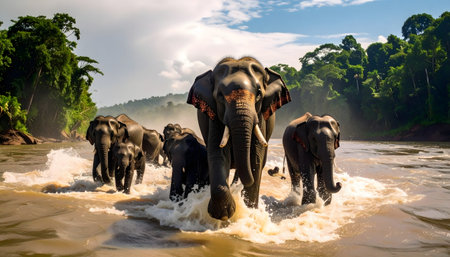 Dramatic wildlife photograph of elephants wading through water, creating splashes, with bright sunlight and dark jungle.の素材