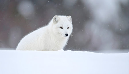 Eye-level shot of an Arctic fox in a pure white winter coat, perfectly camouflaged in the snowy, barren landscape.の素材