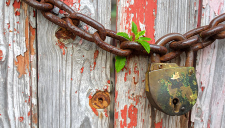Symbolic close-up of a rusty chain and padlock against worn wood, representing security, age, and forgotten places.の素材