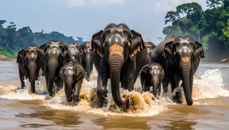elephants walking in a group through a wide river with tall green jungle trees in the background.の素材