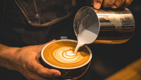 Professional barista pouring milk from a steel pitcher into a coffee cup, creating a heart or rosette pattern.の素材