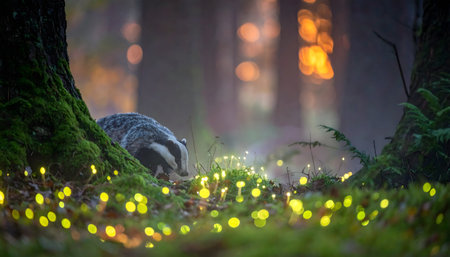 Atmospheric photograph of a badger at the base of a mossy tree, surrounded by bright, ethereal, glowing fairy lights.の素材