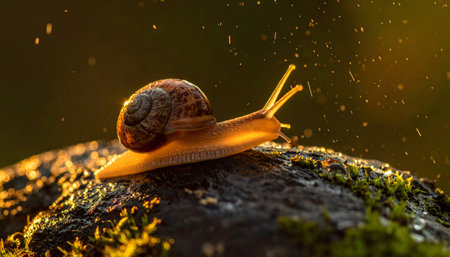 Beautiful, glowing macro photograph of a snail with its shell catching the warm sunlight and antennae extended on a wet surface.の素材